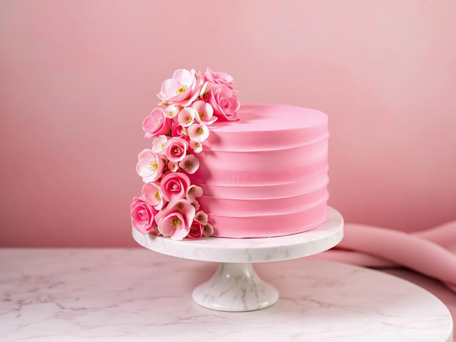 Hand-finished pink celebration cake with sugar flowers
